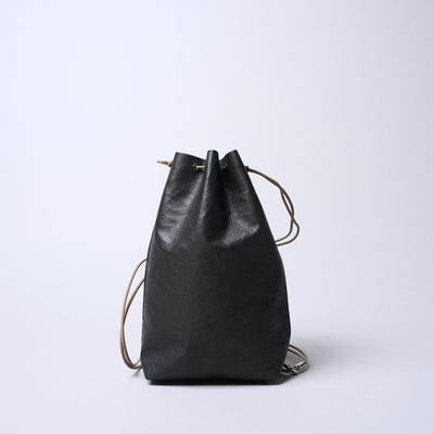 <SENTI FLATTER THE SENSES> Super Lightweight Dyneema Leather Drawstring Bag L  / Black x Camel