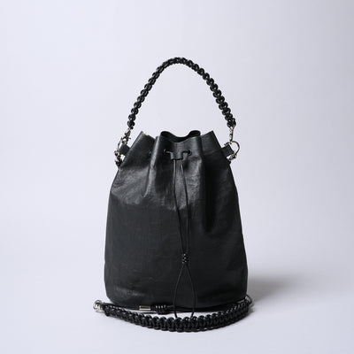 <SENTI FLATTER THE SENSES> Super Lightweight Dyneema Leather Drawstring 2 Way Bag / Black x Camel